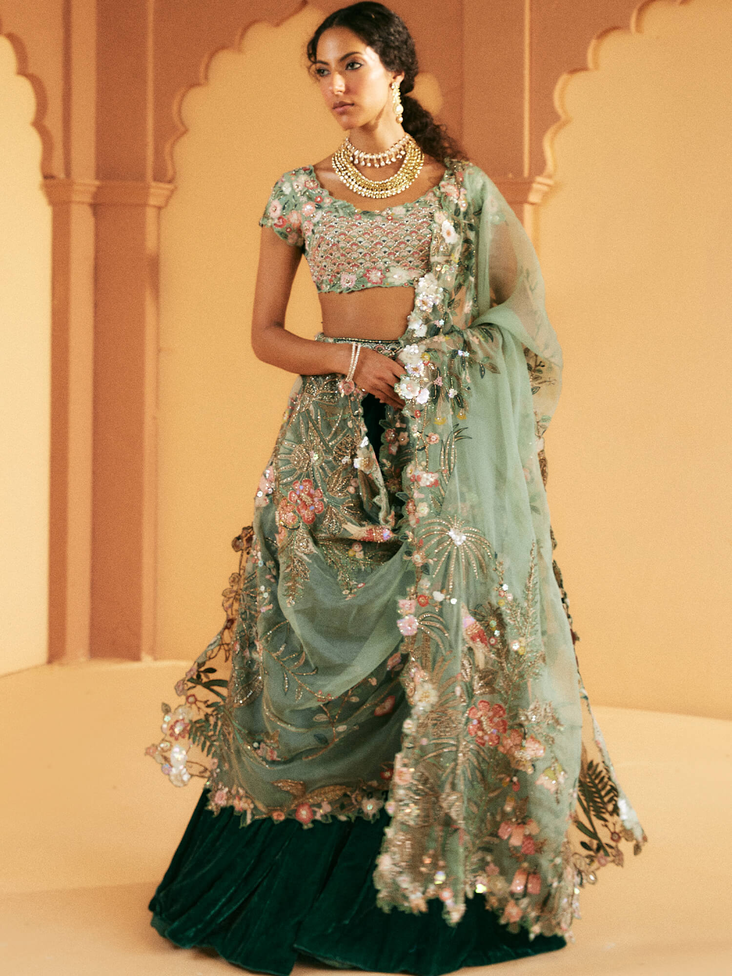 Aqua Zardozi Raw Silk Blouse with Teal Velvet Lehenga (3-Piece) - Image 3
