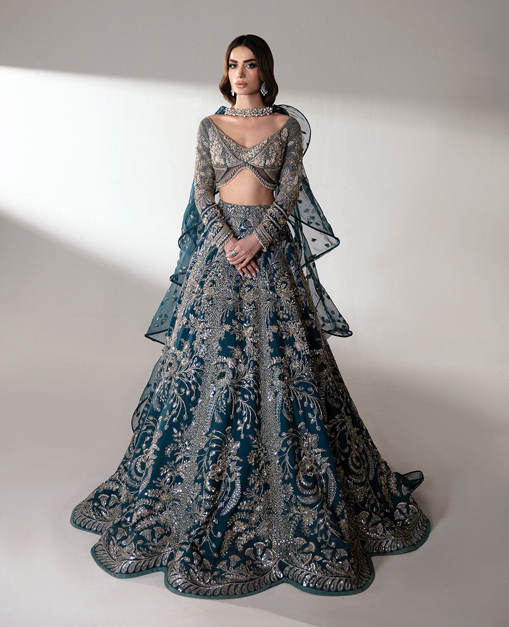 Crystal Teal Dabka Embroidered Viscose Lehenga Choli (3-Piece) - Image 2
