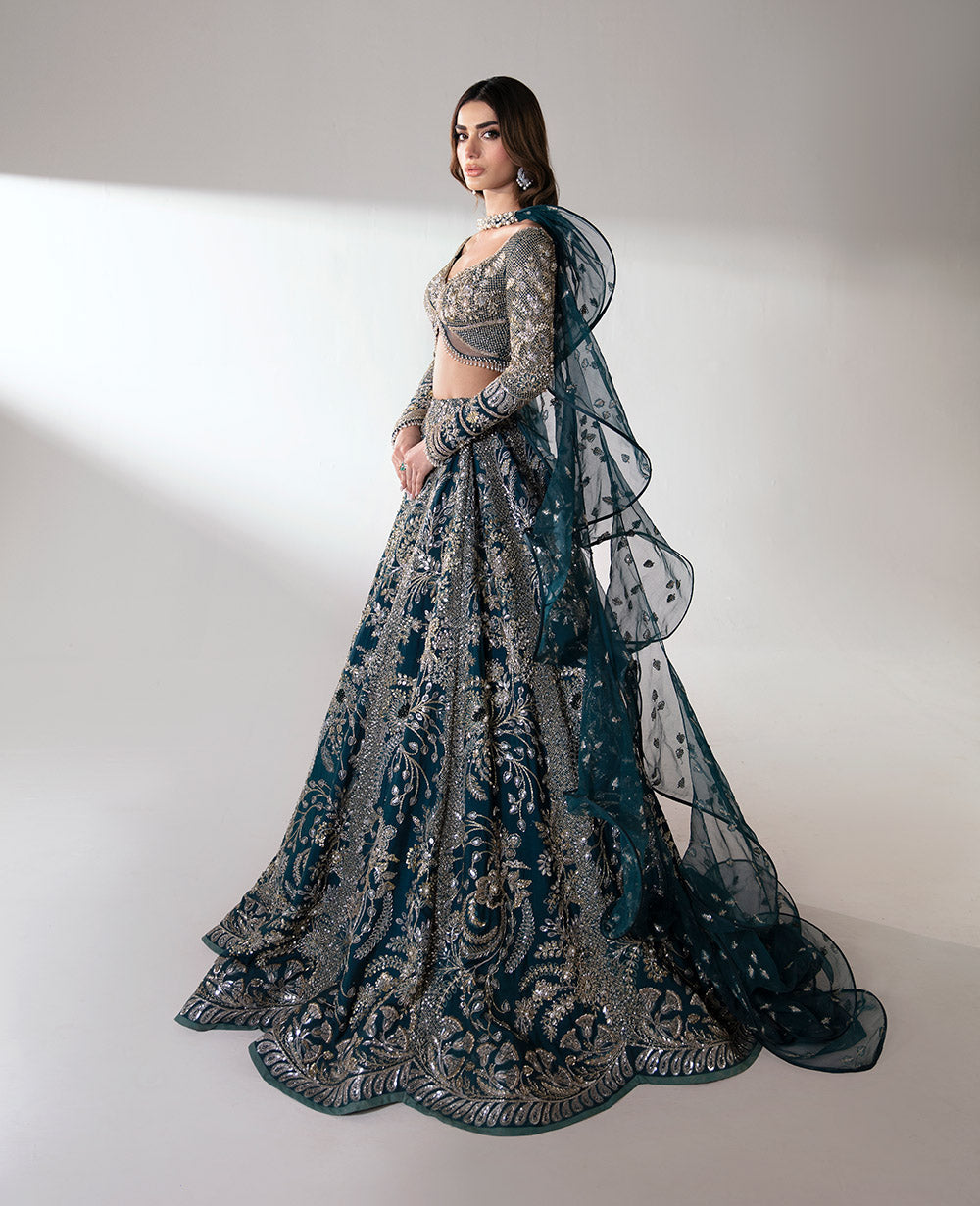 Crystal Teal Dabka Embroidered Viscose Lehenga Choli (3-Piece) - Image 3