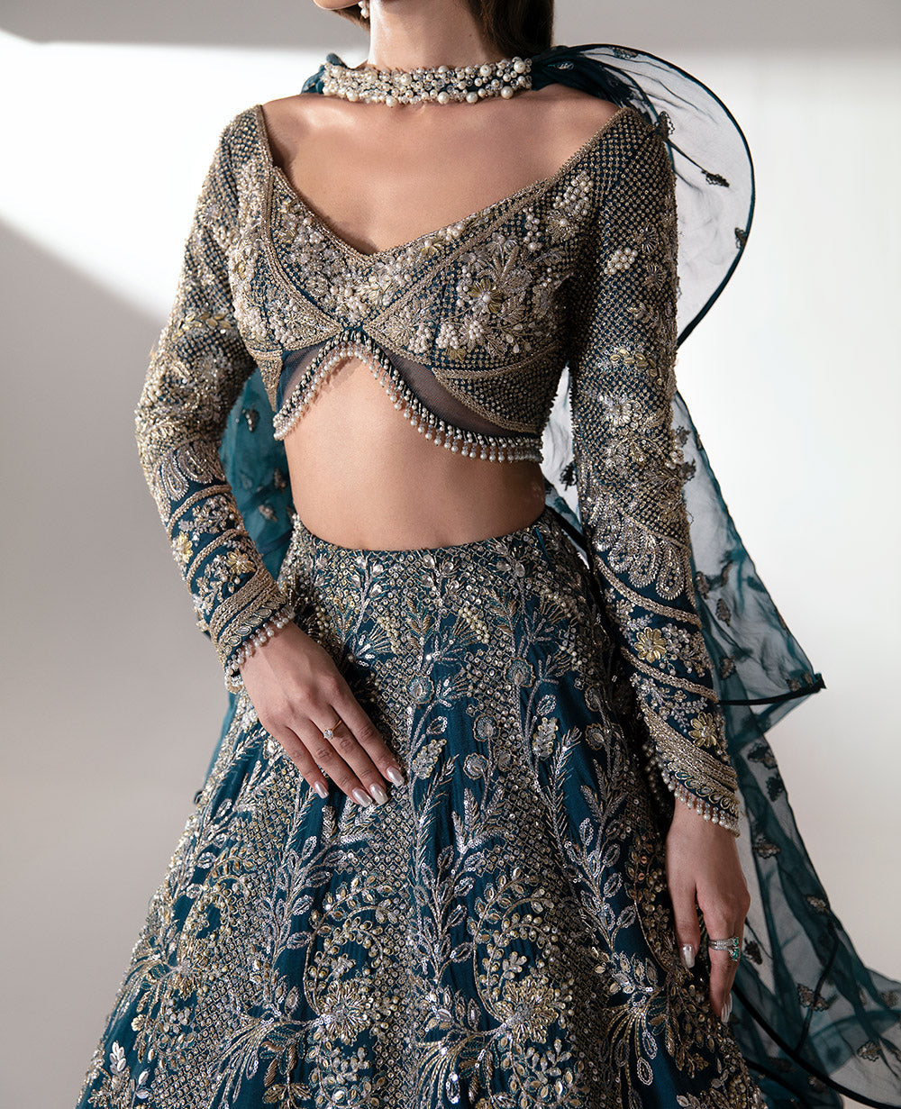 Crystal Teal Dabka Embroidered Viscose Lehenga Choli (3-Piece) - Image 4
