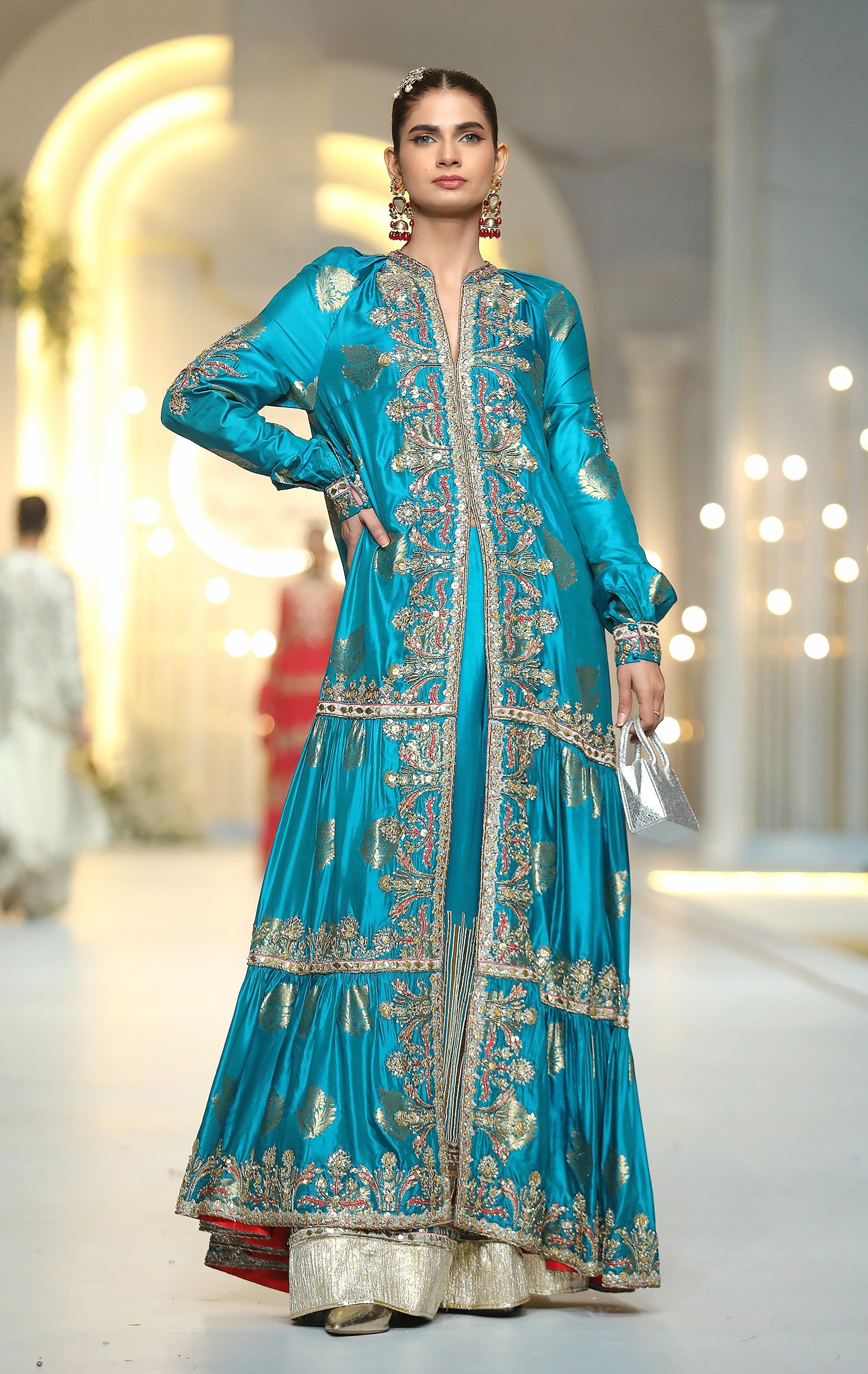 Teal Zardozi Kataan Silk Maxi Gown (2-Piece) - Image 2