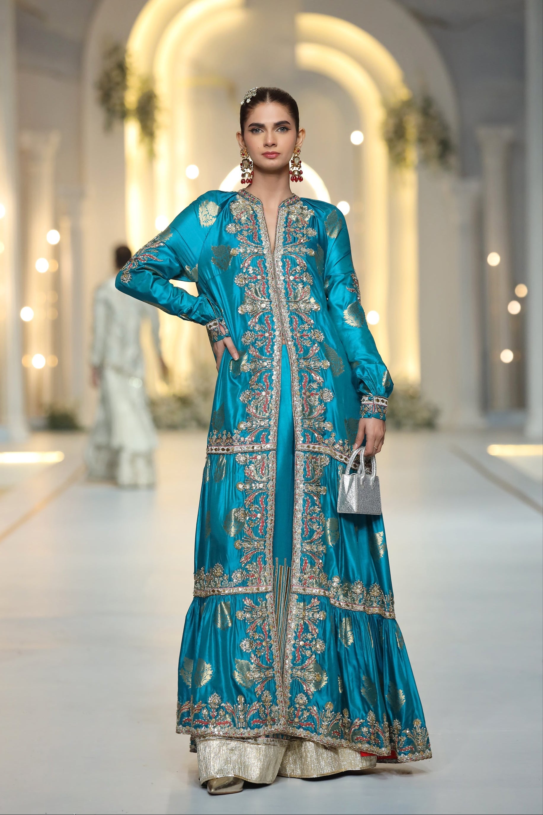 Teal Zardozi Kataan Silk Maxi Gown (2-Piece) - Image 3