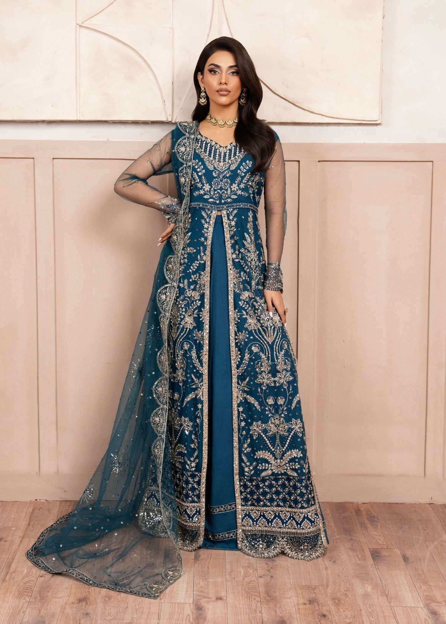 Teal Embroidered & Hand-Embellished Net Maxi (3-Piece) - Image 1
