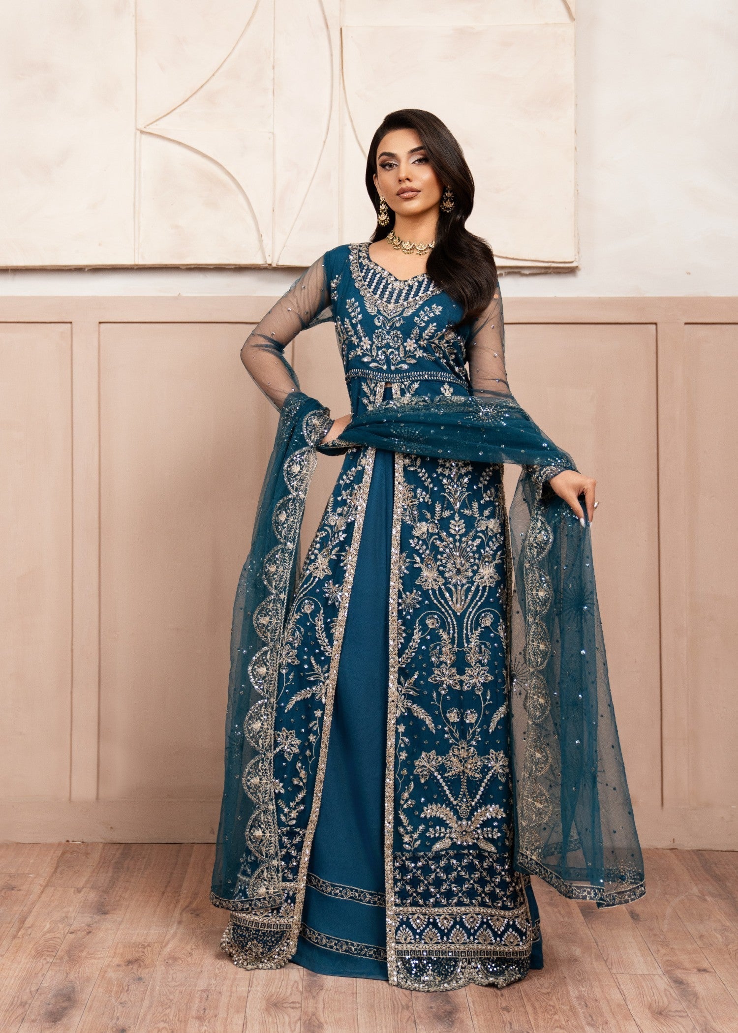 Teal Embroidered & Hand-Embellished Net Maxi (3-Piece) - Image 2