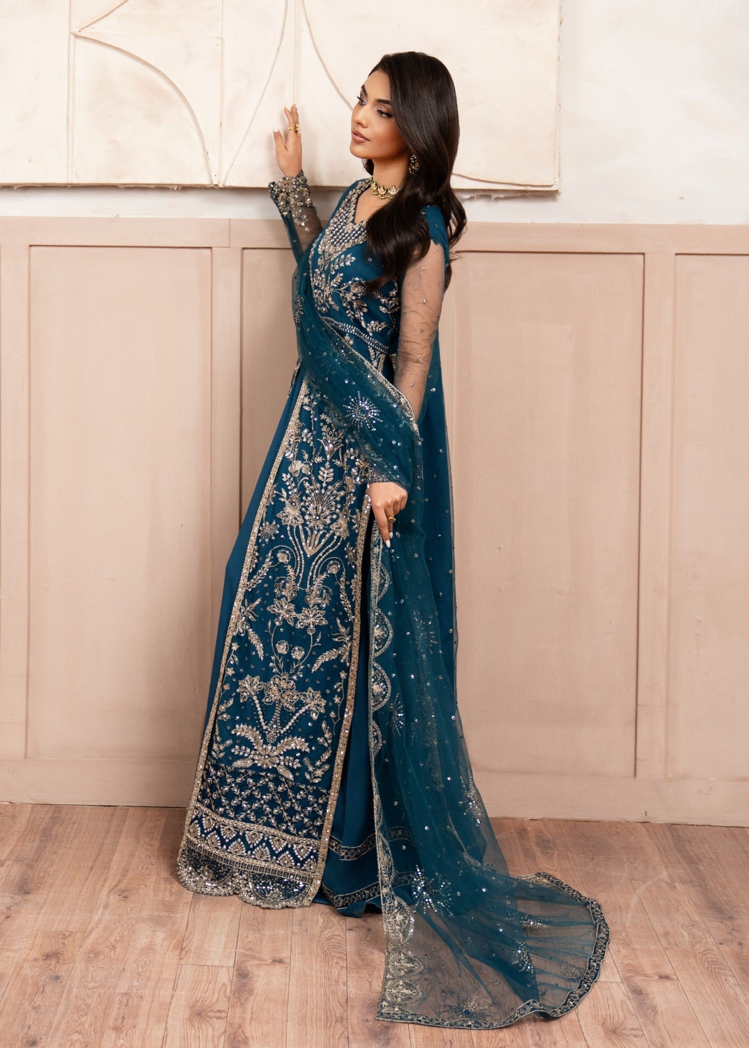 Teal Embroidered & Hand-Embellished Net Maxi (3-Piece) - Image 3