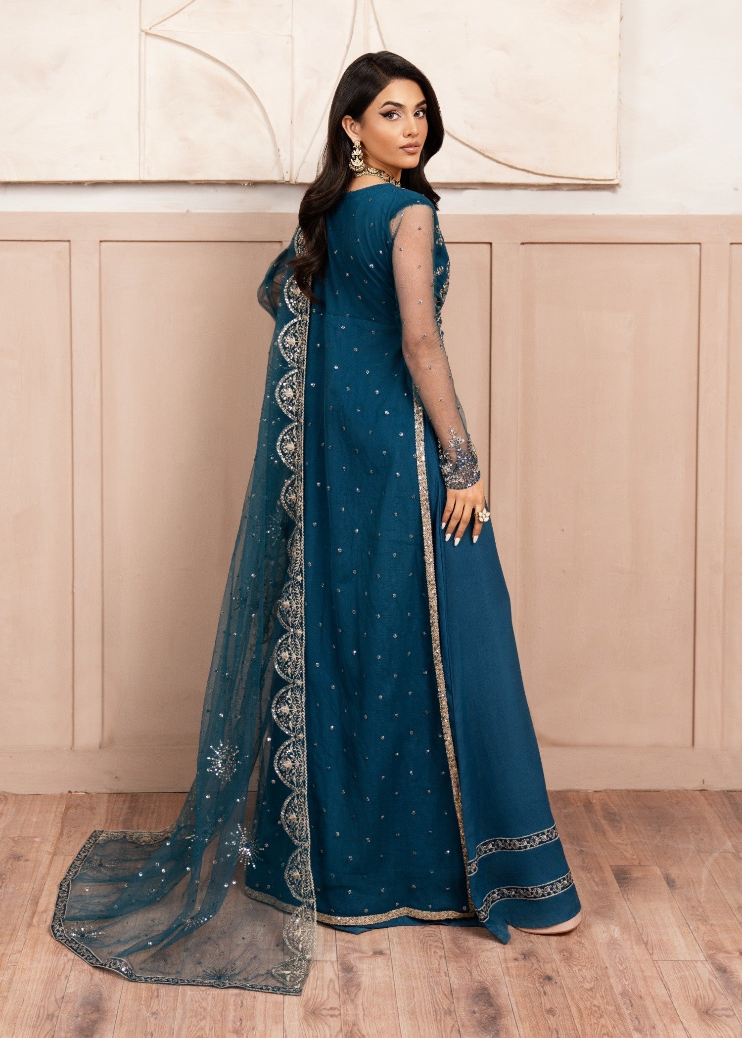 Teal Embroidered & Hand-Embellished Net Maxi (3-Piece) - Image 4