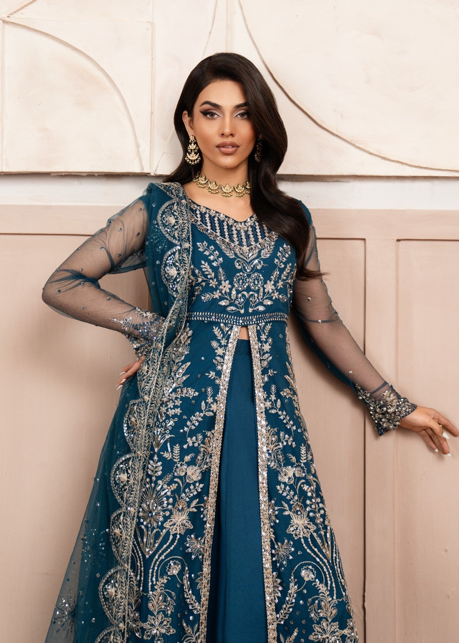 Teal Embroidered & Hand-Embellished Net Maxi (3-Piece) - Image 5