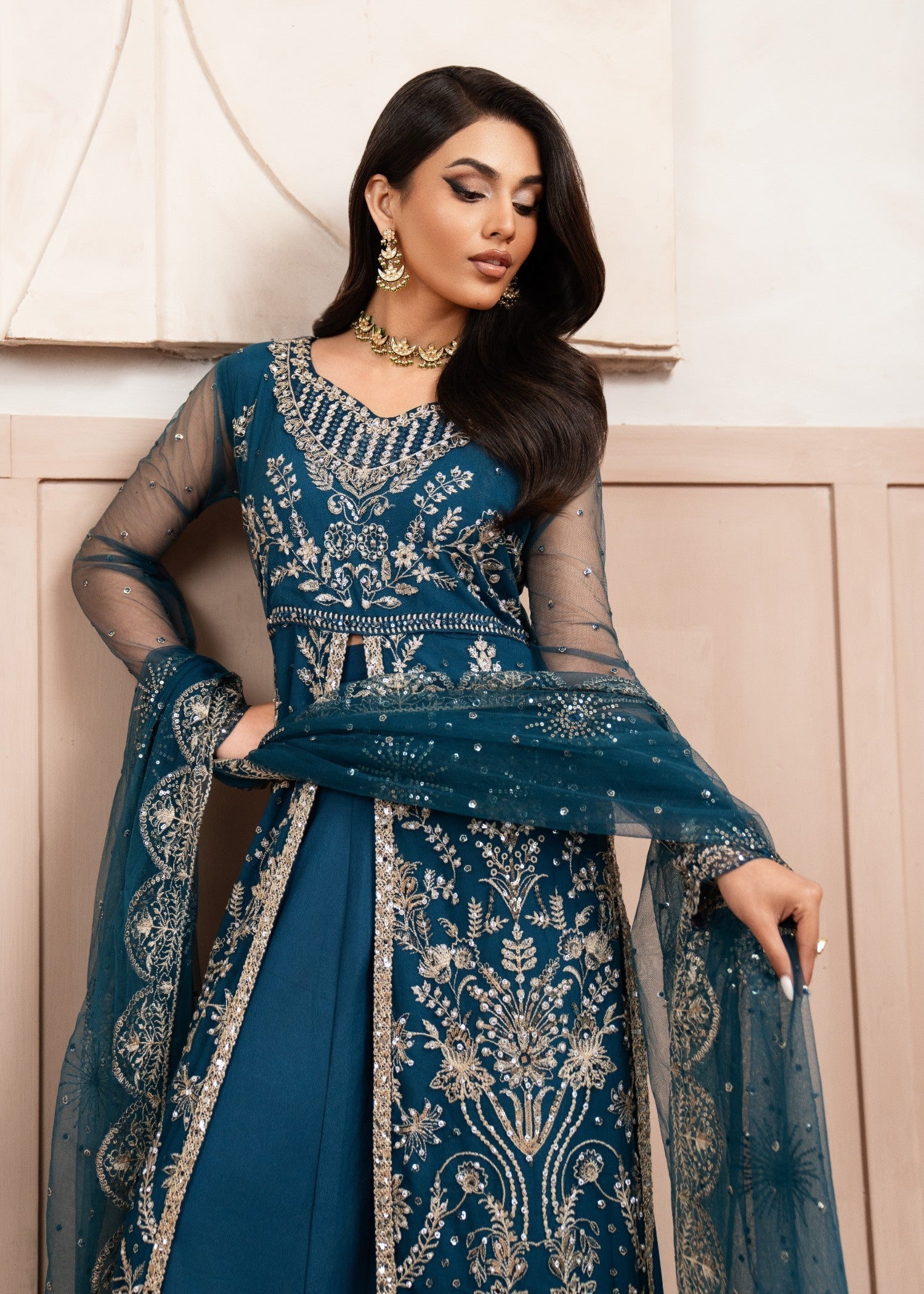 Teal Embroidered & Hand-Embellished Net Maxi (3-Piece) - Image 6