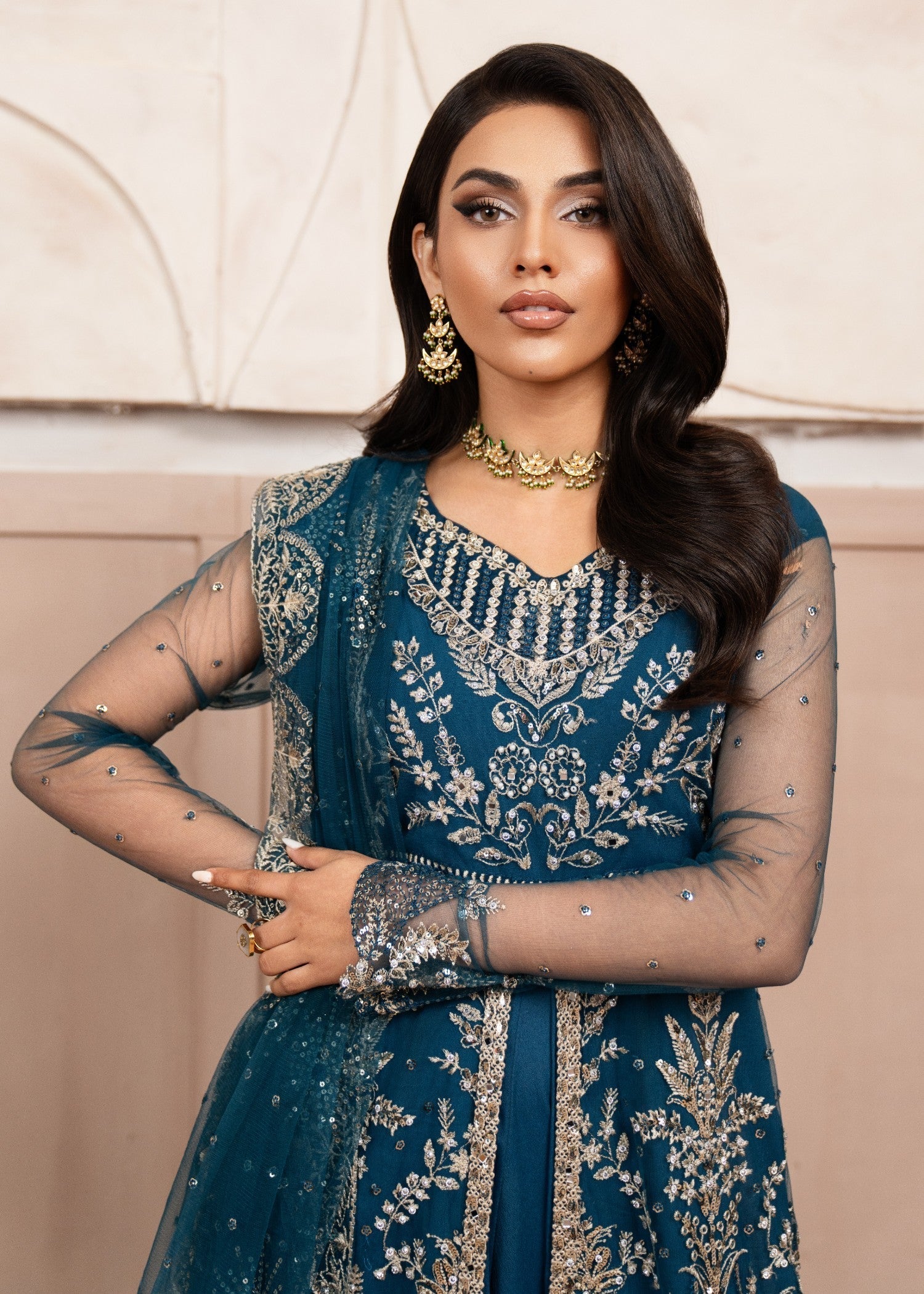 Teal Embroidered & Hand-Embellished Net Maxi (3-Piece) - Image 7