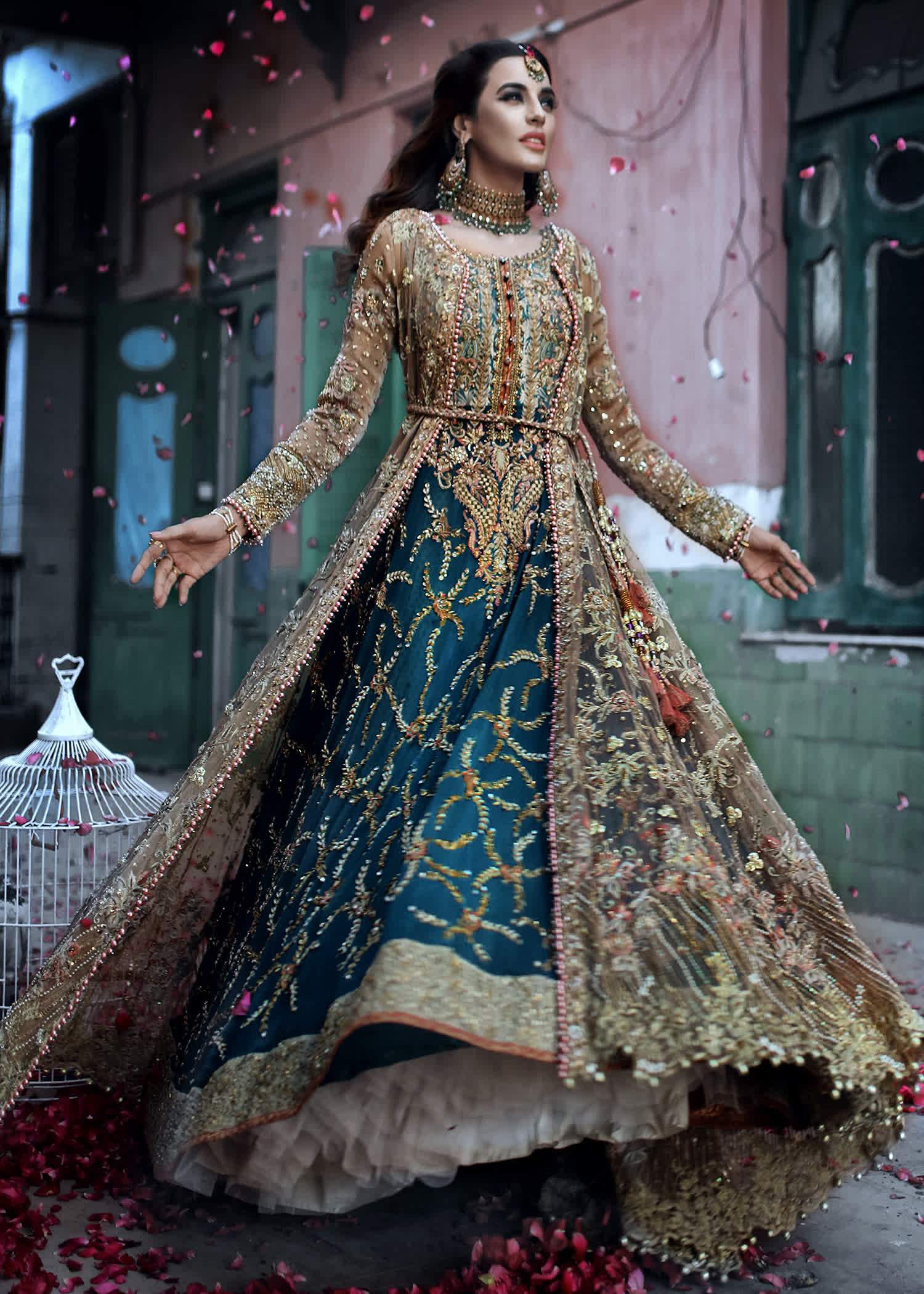 Teal Gold Embroidered Net Bridal Maxi (1-Pc) - Image 2