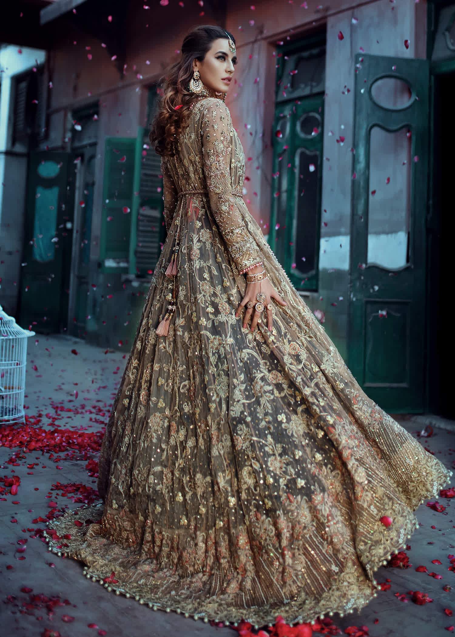 Teal Gold Embroidered Net Bridal Maxi (1-Pc) - Image 3