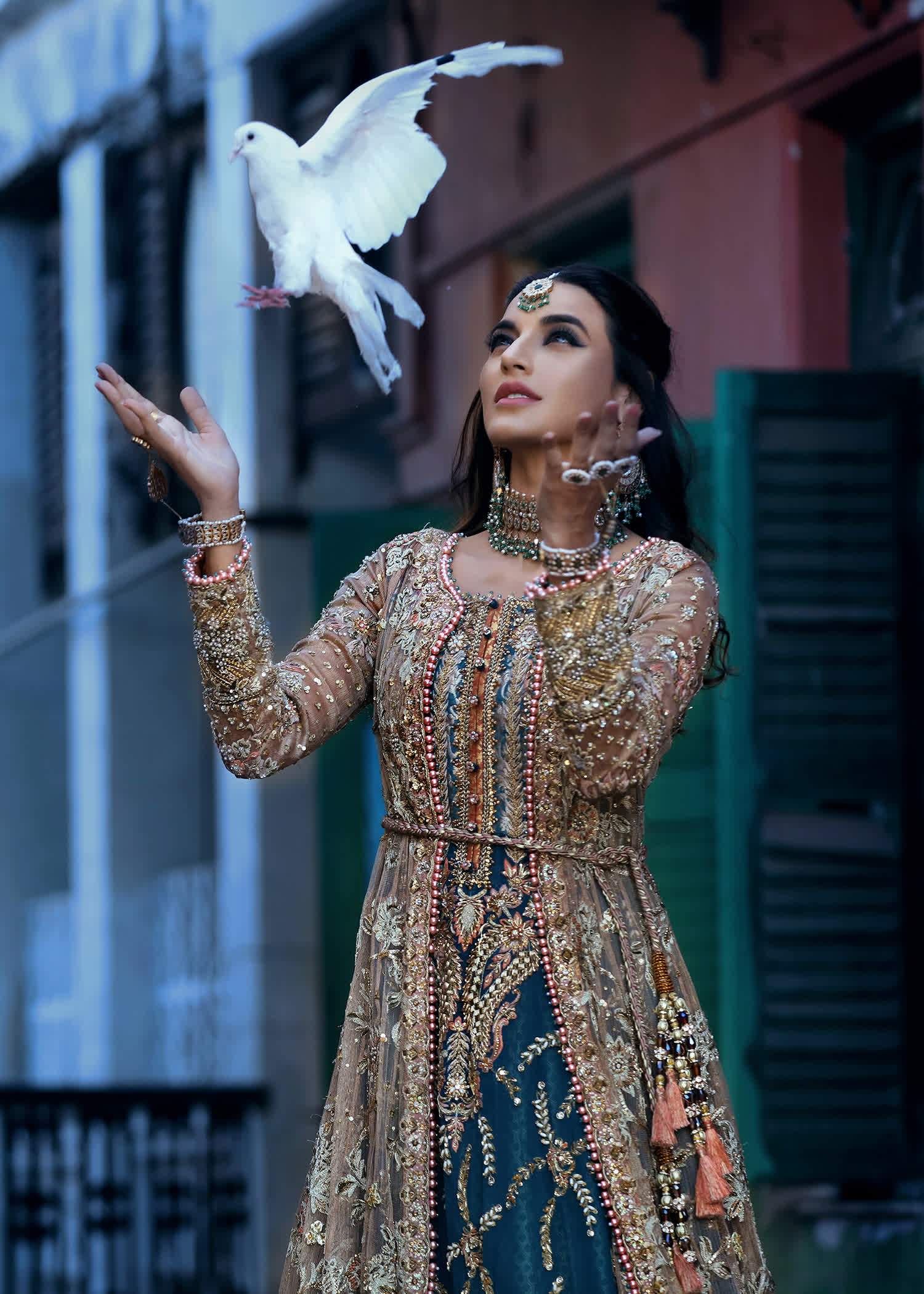 Teal Gold Embroidered Net Bridal Maxi (1-Pc) - Image 4