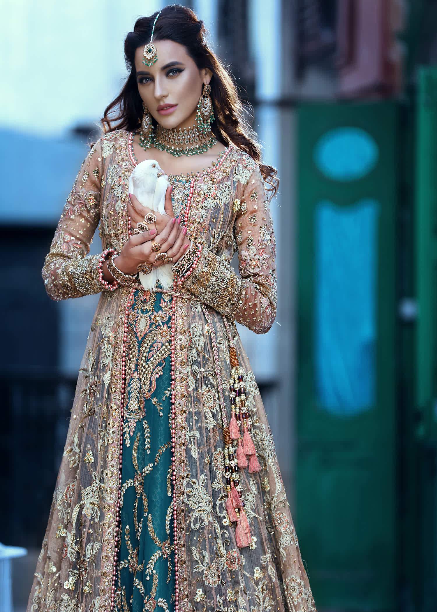 Teal Gold Embroidered Net Bridal Maxi (1-Pc) - Image 5