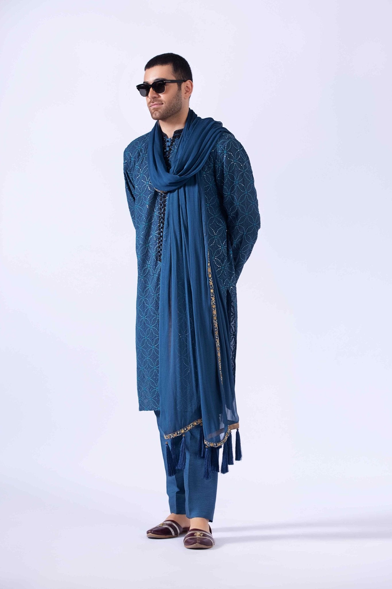 Teal Zardozi Embroidered Chiffon Kurta (3-Piece) - Image 3