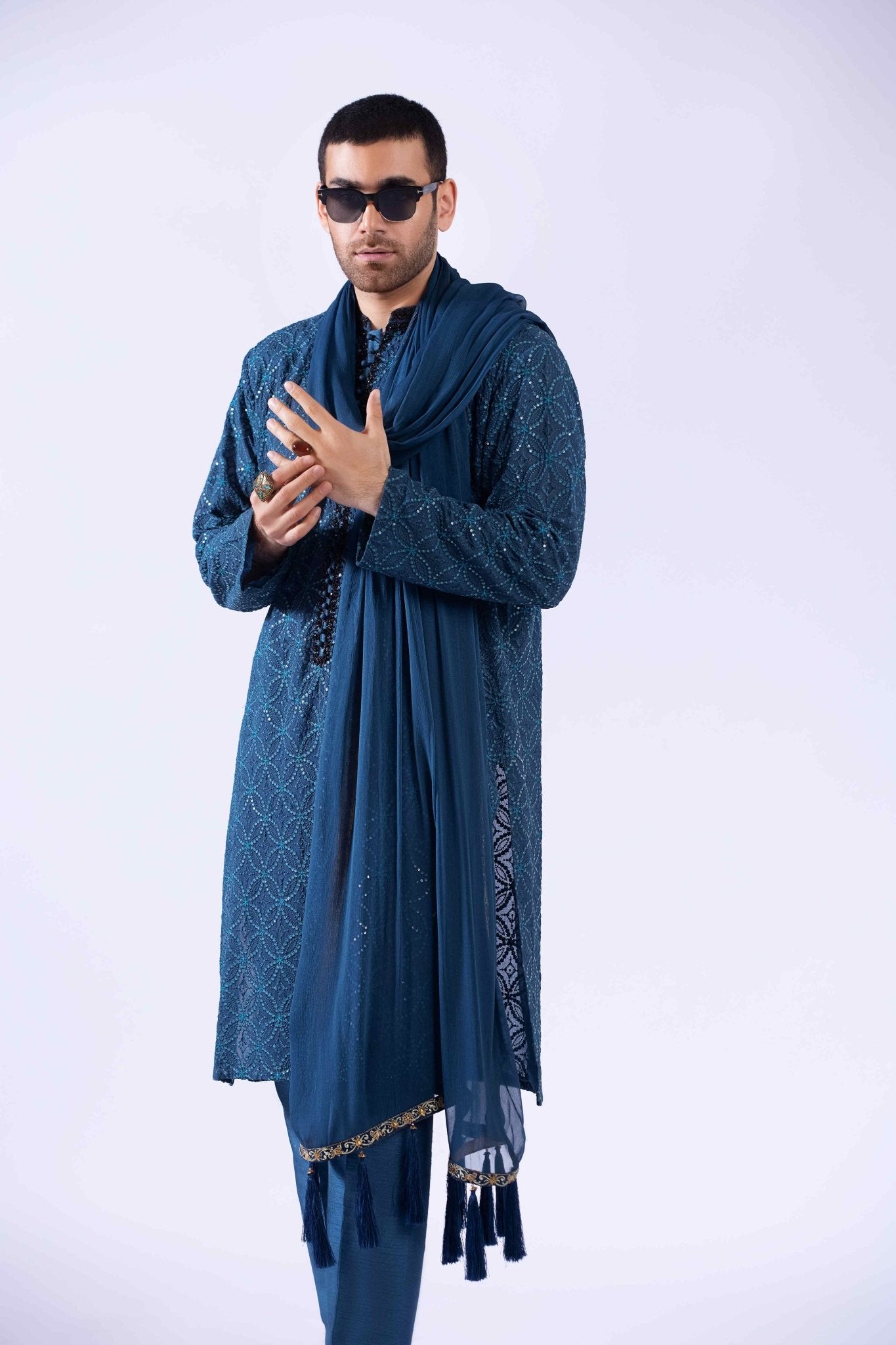 Teal Zardozi Embroidered Chiffon Kurta (3-Piece) - Image 5