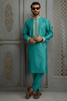 Teal Embroidered Cotton Silk Kurta Pajama (2-Piece) - Image 2