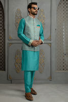 Teal Embroidered Cotton Silk Kurta Pajama (2-Piece) - Image 4