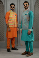 Teal Embroidered Cotton Silk Kurta Pajama (2-Piece) - Image 6