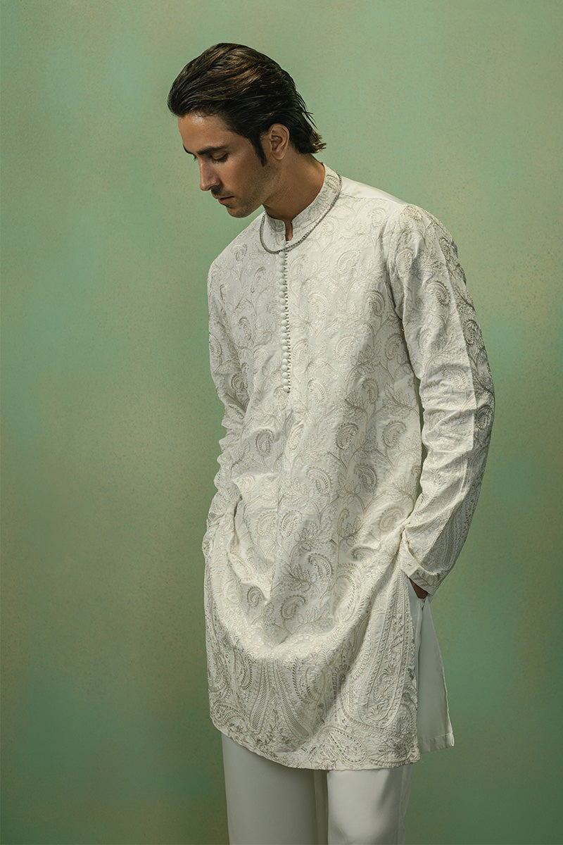 Teal Paisley Embroidered Silk-Blend Kurta Pajama (2-Piece) - Image 1