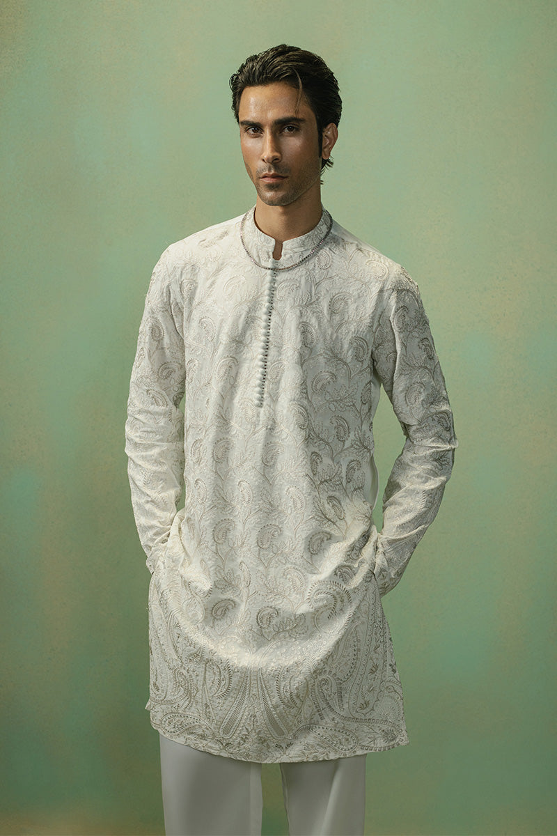 Teal Paisley Embroidered Silk-Blend Kurta Pajama (2-Piece) - Image 3