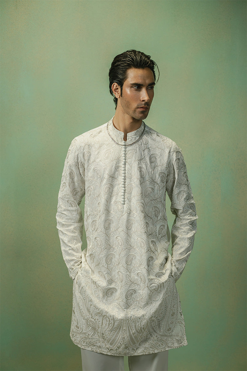 Teal Paisley Embroidered Silk-Blend Kurta Pajama (2-Piece) - Image 4