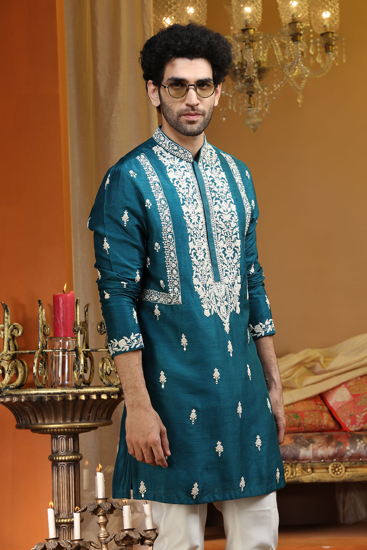 Teal Blue Resham & Mirror Work Silk Kurta (2-Piece) - Image 1