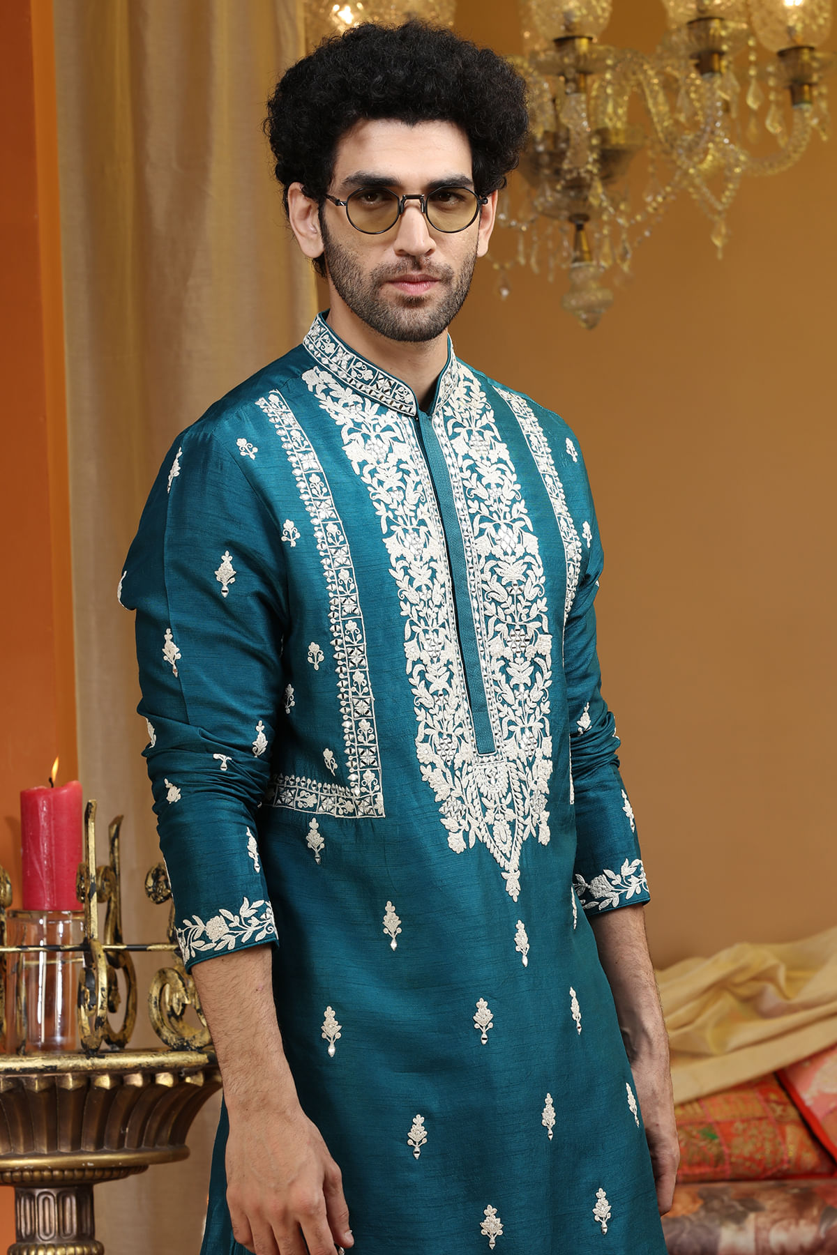 Teal Blue Resham & Mirror Work Silk Kurta (2-Piece) - Image 2