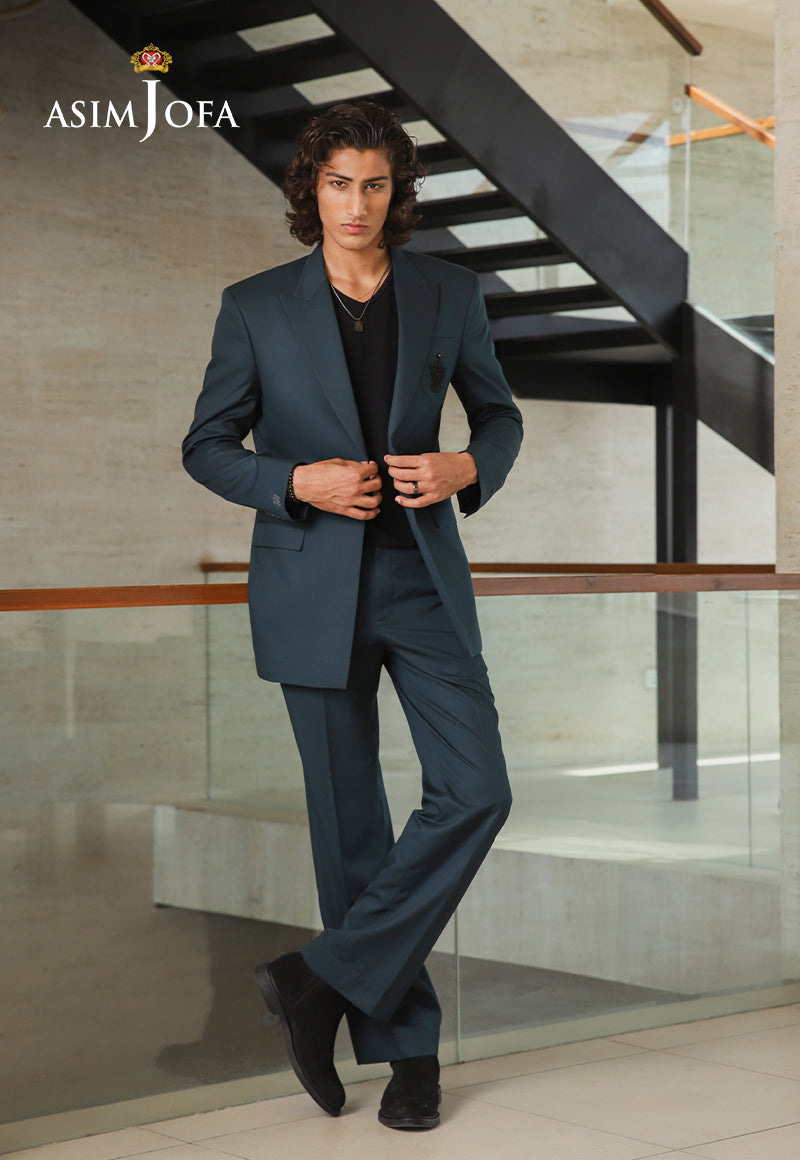 Teal Blue Crest-Detail Suiting Fabric 2-Piece Suit - Image 1