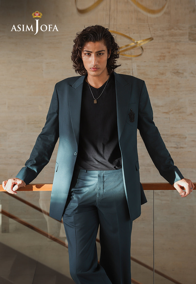 Teal Blue Crest-Detail Suiting Fabric 2-Piece Suit - Image 2