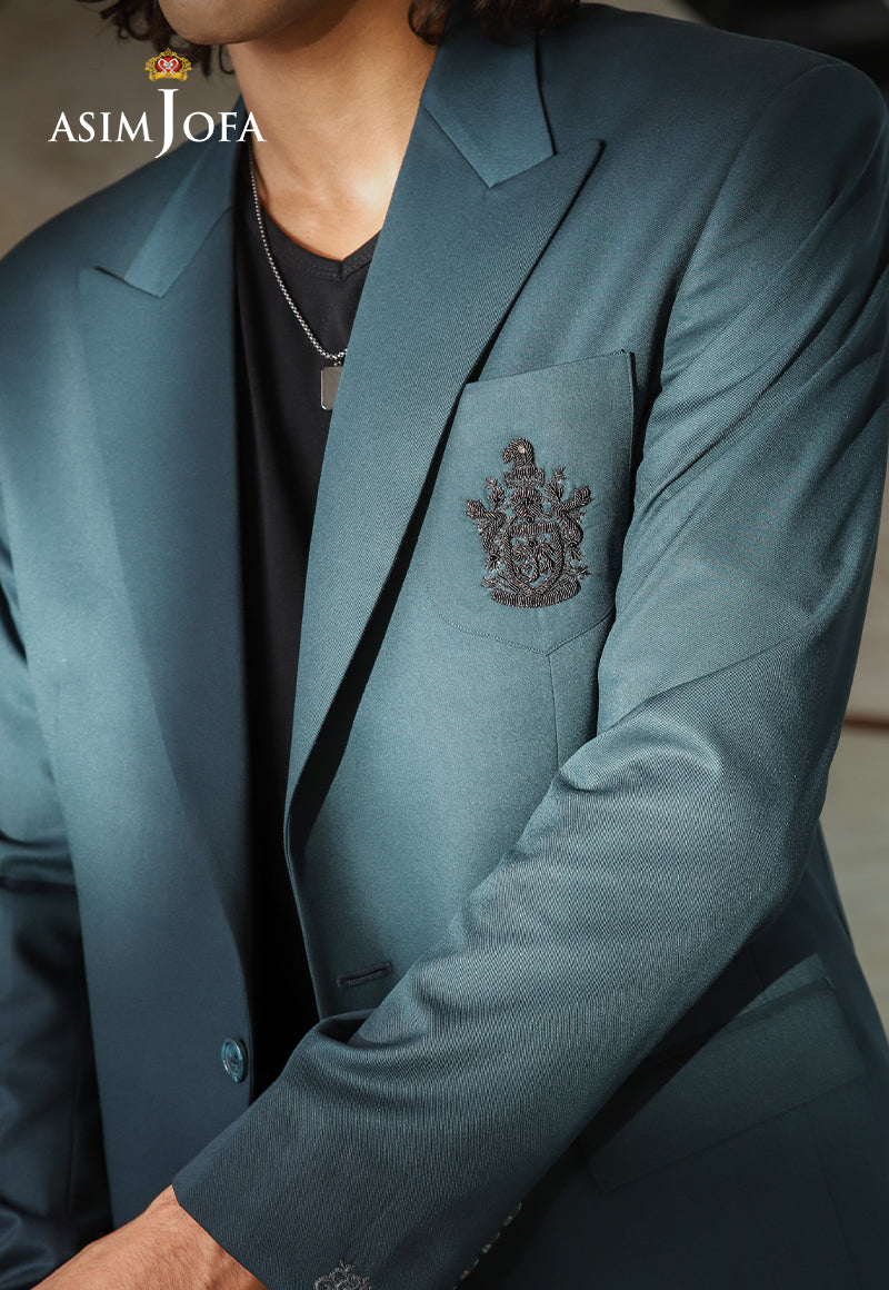 Teal Blue Crest-Detail Suiting Fabric 2-Piece Suit - Image 9