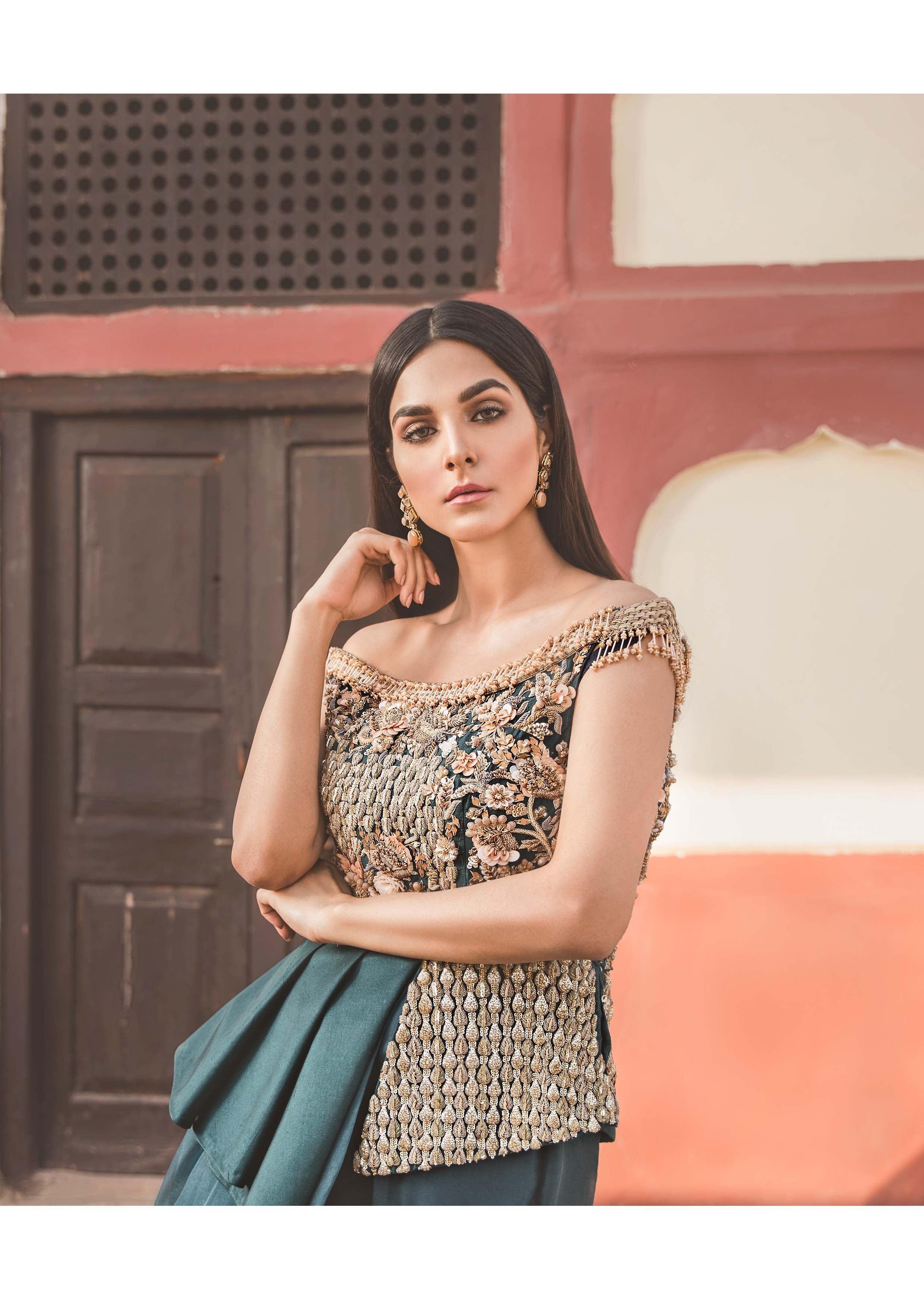 Teal Embellished Raw Silk Peplum (2-Piece) - Image 3