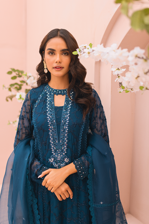 Teal Embroidered Chiffon Pishwas (3-Piece) - Image 2