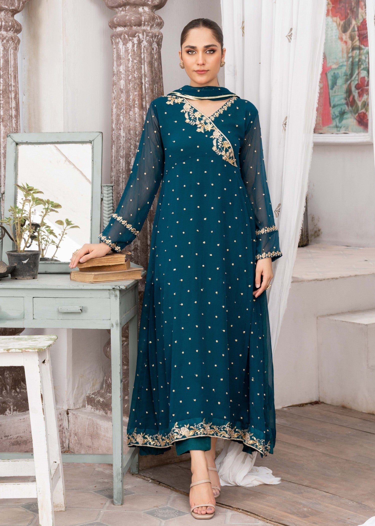Pakistani Teal Sequin Embroidered Chiffon Pishwas (3-Piece) - Image 1