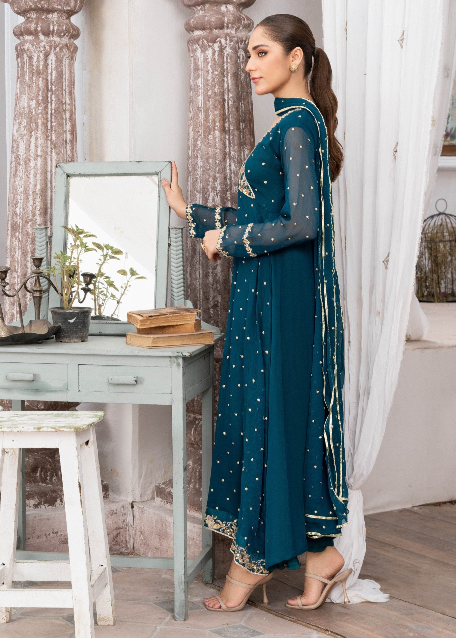 Pakistani Teal Sequin Embroidered Chiffon Pishwas (3-Piece) - Image 2