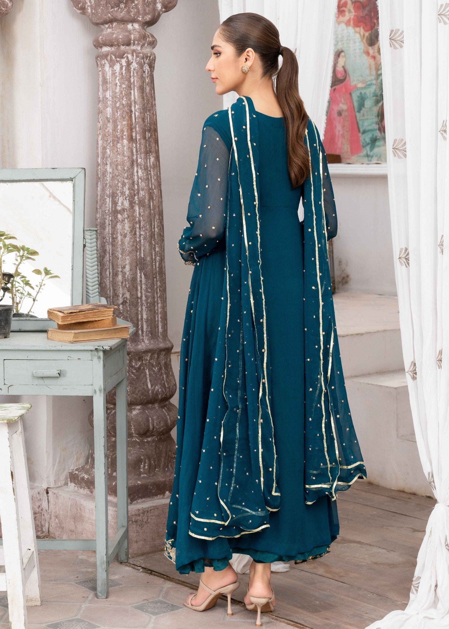 Pakistani Teal Sequin Embroidered Chiffon Pishwas (3-Piece) - Image 3