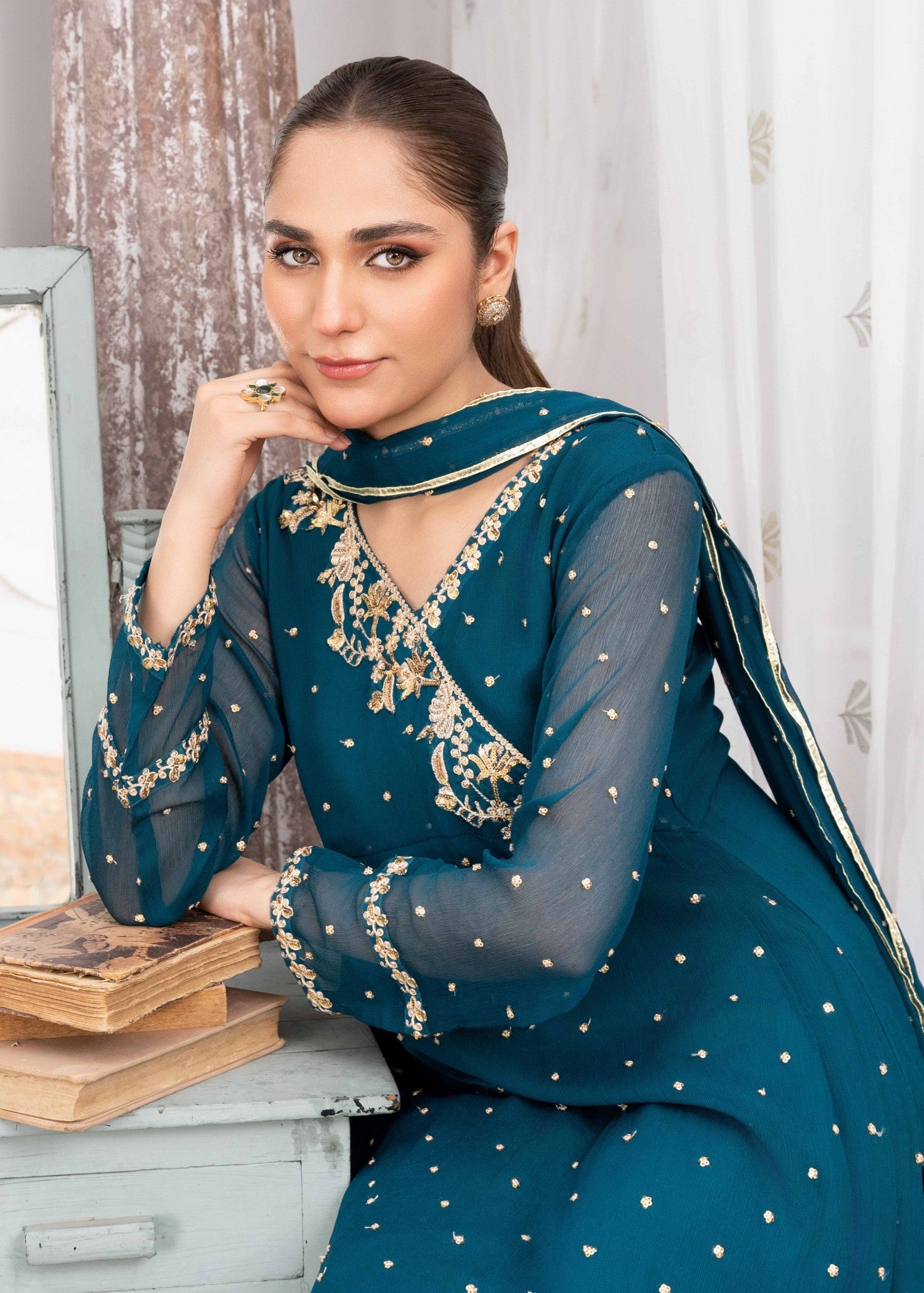 Pakistani Teal Sequin Embroidered Chiffon Pishwas (3-Piece) - Image 4