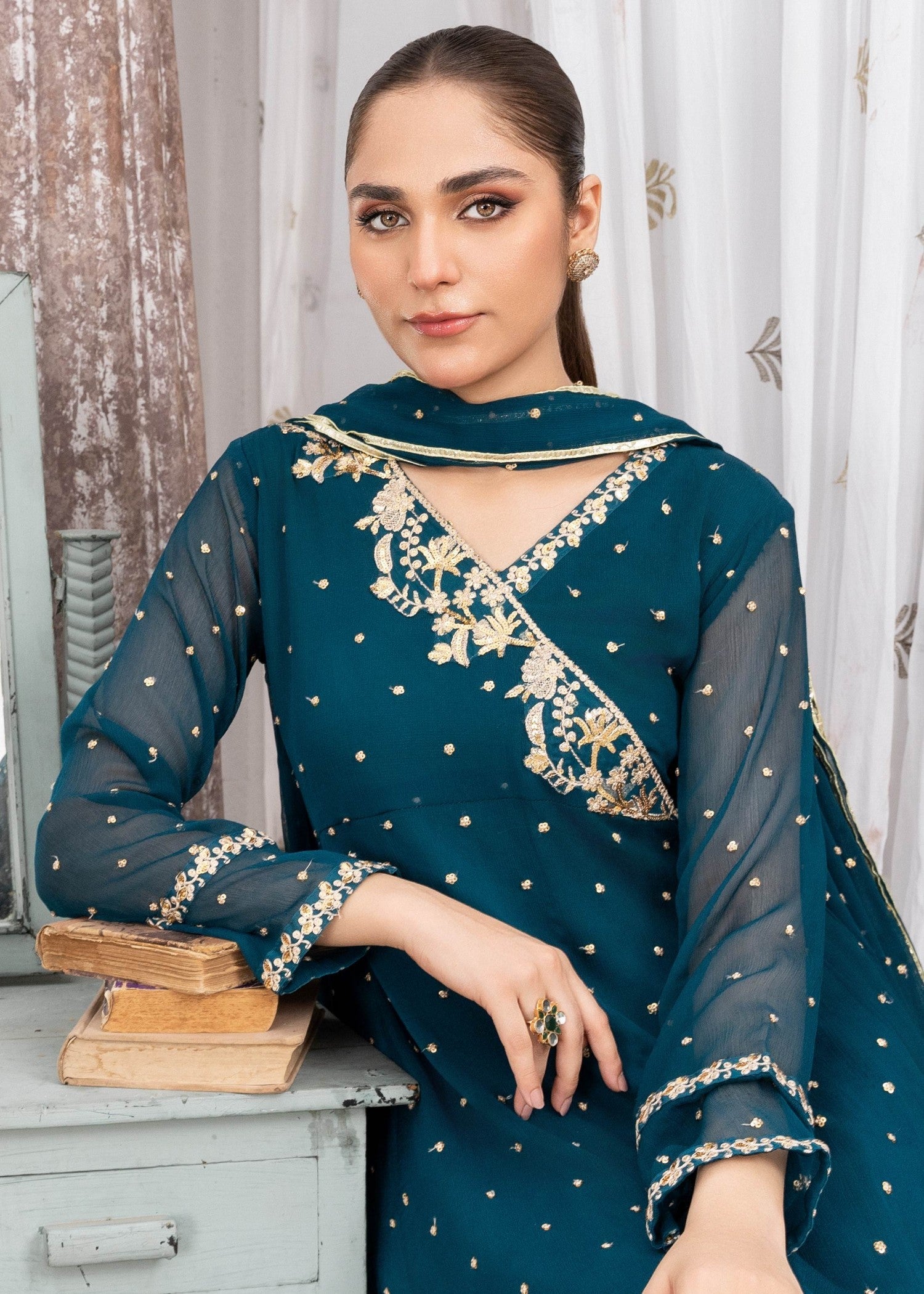 Pakistani Teal Sequin Embroidered Chiffon Pishwas (3-Piece) - Image 5