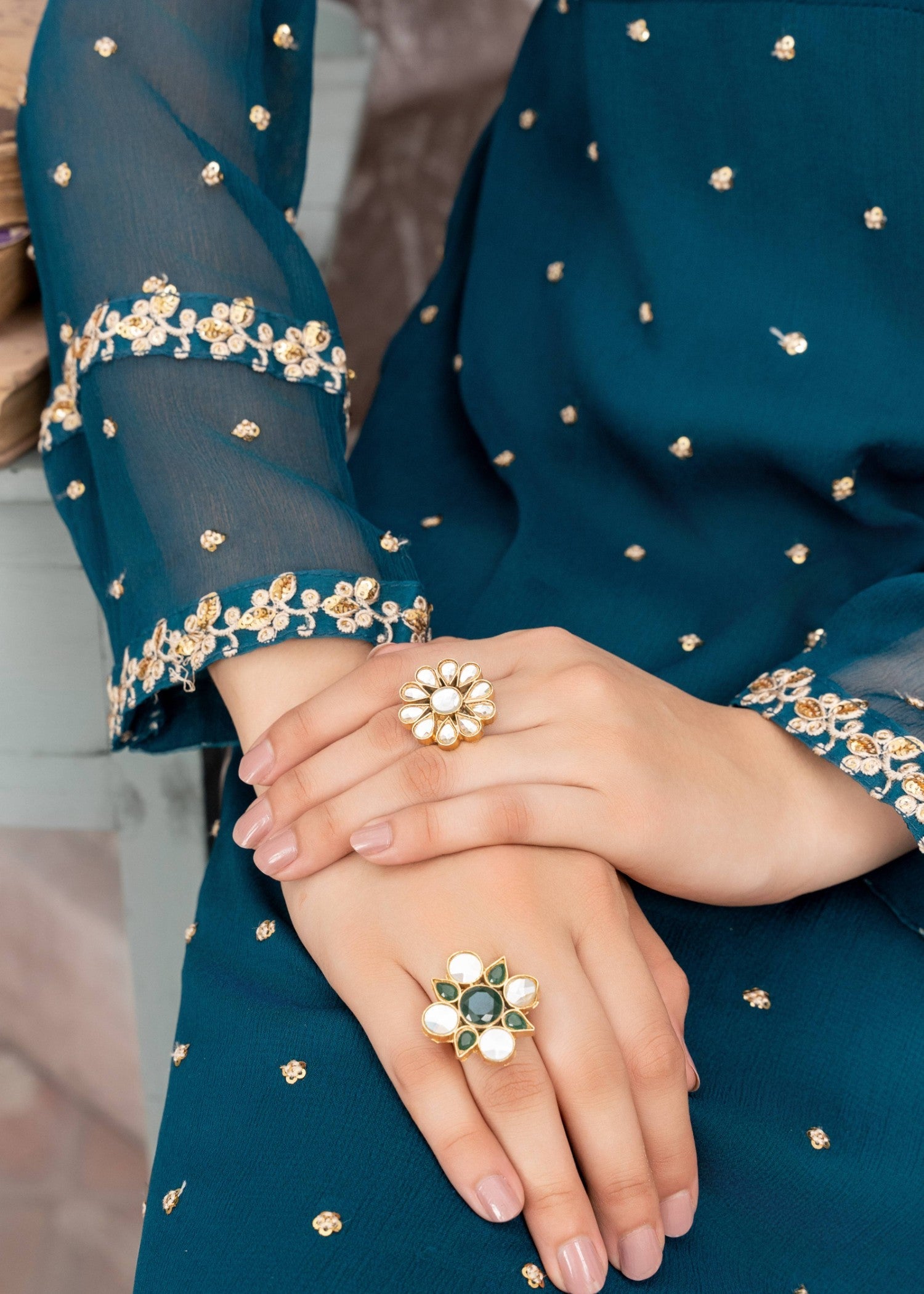 Pakistani Teal Sequin Embroidered Chiffon Pishwas (3-Piece) - Image 6