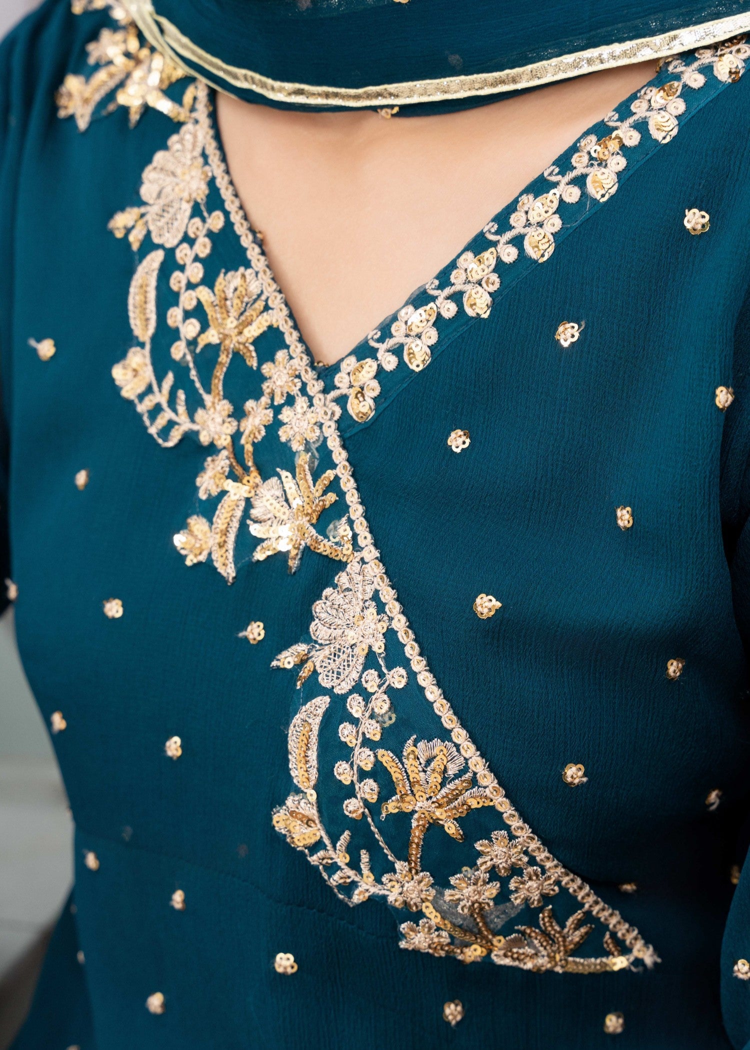 Pakistani Teal Sequin Embroidered Chiffon Pishwas (3-Piece) - Image 7