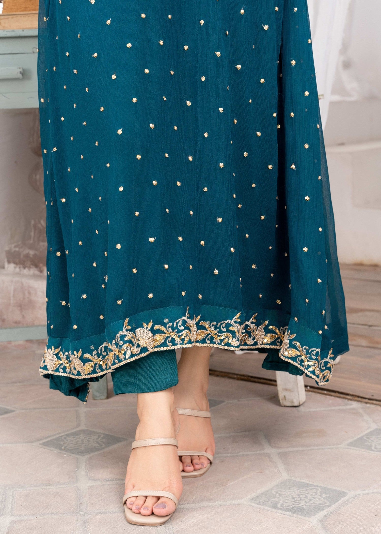 Pakistani Teal Sequin Embroidered Chiffon Pishwas (3-Piece) - Image 8