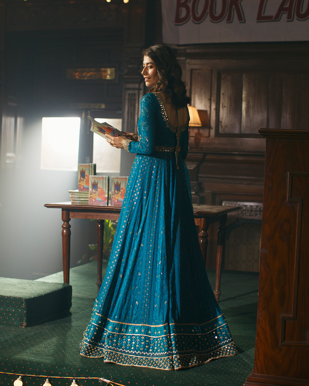 Pakistani Teal Blue Hand-Embroidered Chiffon Pishwas (3-Piece) - Image 3