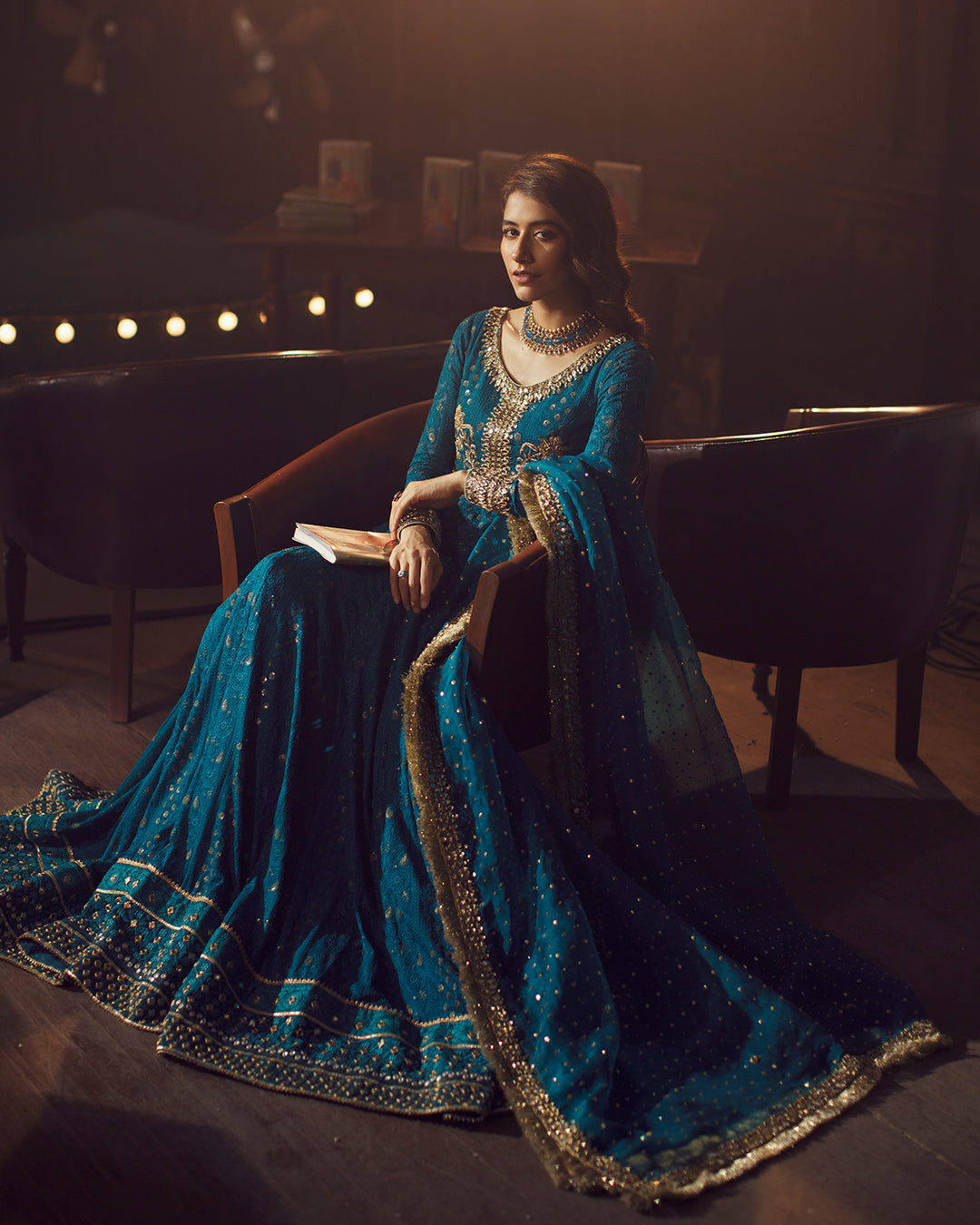 Pakistani Teal Blue Hand-Embroidered Chiffon Pishwas (3-Piece) - Image 4