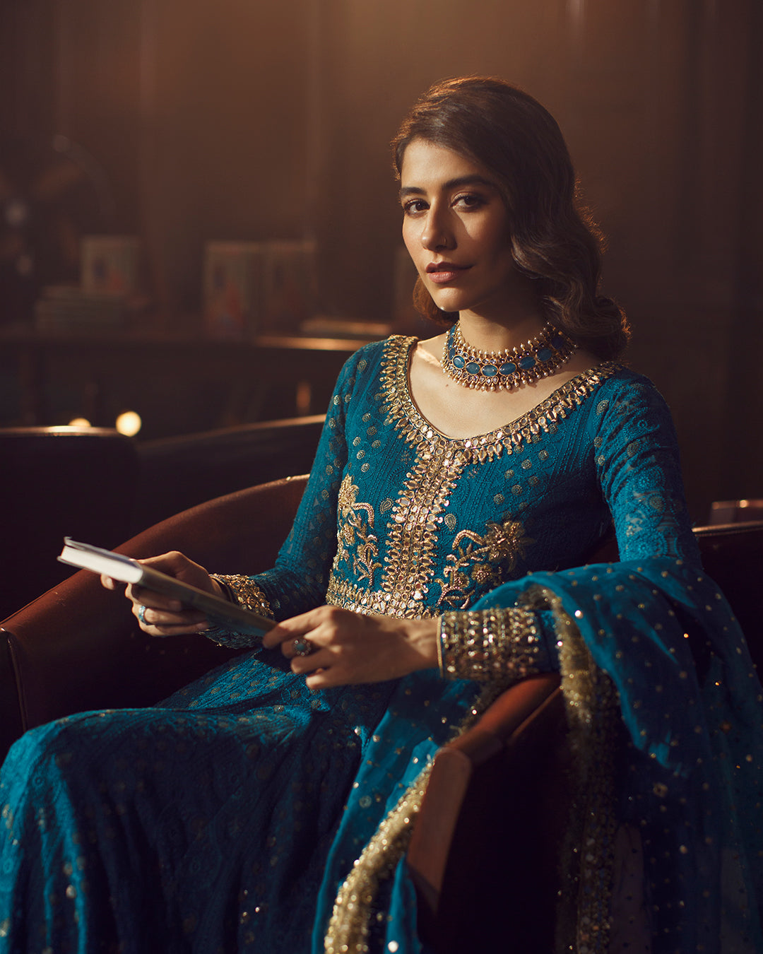 Teal Blue Hand-Embellished Chiffon Pishwas (3-Piece) - Image 2