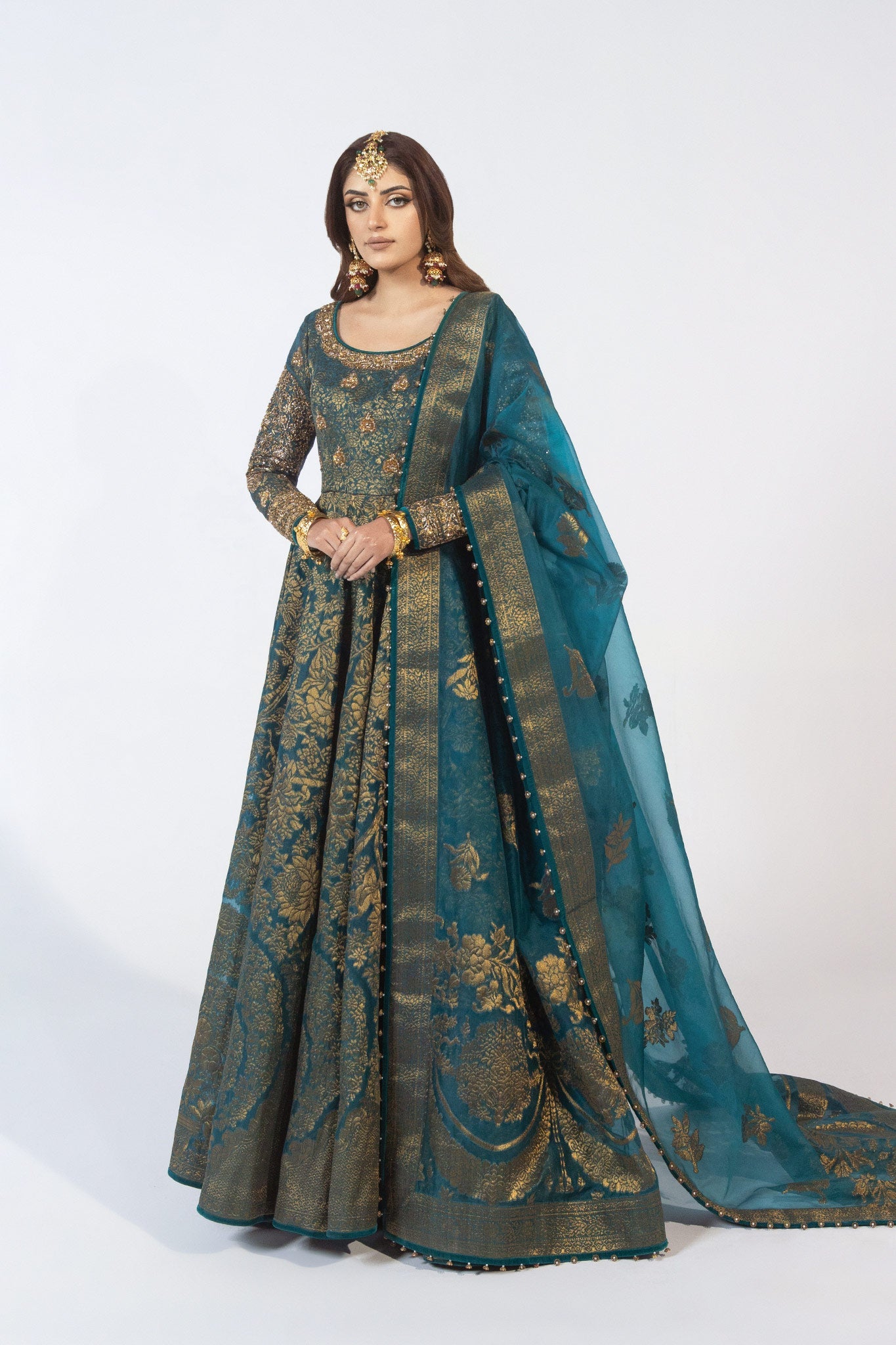 Teal Zardozi Jacquard Pishwas Dress (3-Piece) - Image 2