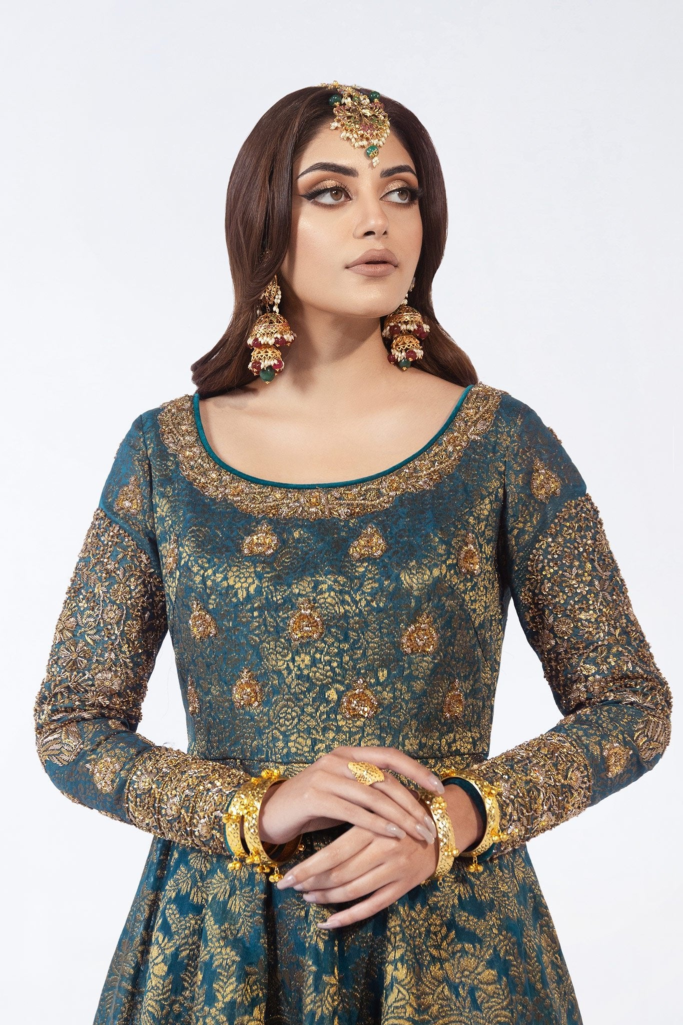 Teal Zardozi Jacquard Pishwas Dress (3-Piece) - Image 3