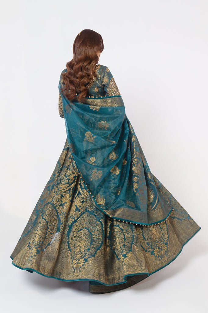 Teal Zardozi Jacquard Pishwas Dress (3-Piece) - Image 5