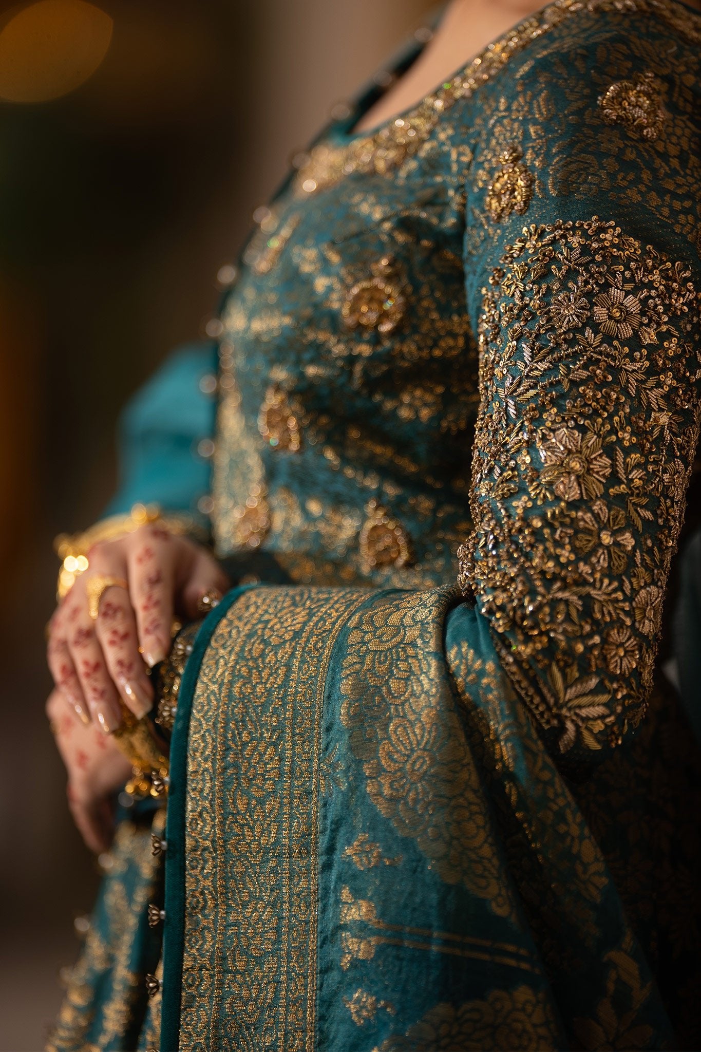 Teal Zardozi Jacquard Pishwas Dress (3-Piece) - Image 8