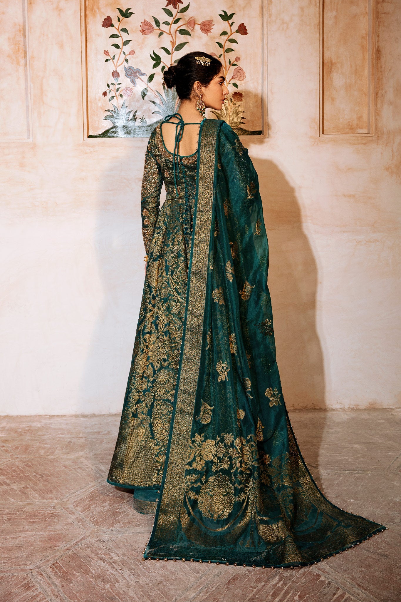 Teal Zardozi Jacquard Pishwas Dress (3-Piece) - Image 9