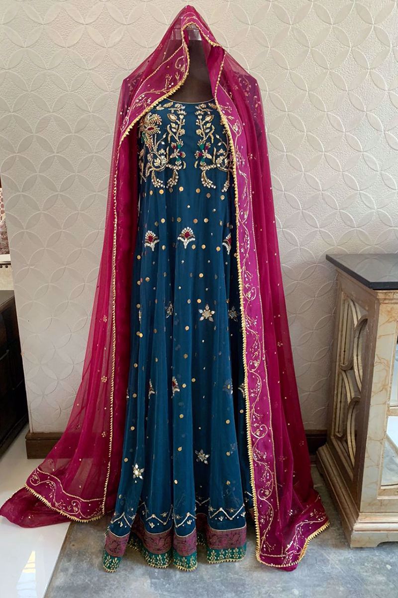Teal Zardozi Kamdani Net Pishwas (3-Piece) - Image 1