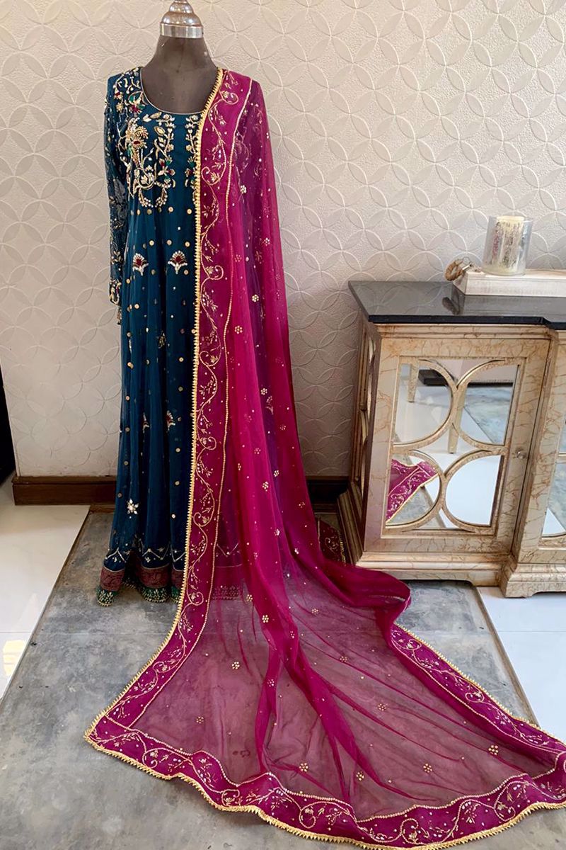 Teal Zardozi Kamdani Net Pishwas (3-Piece) - Image 2